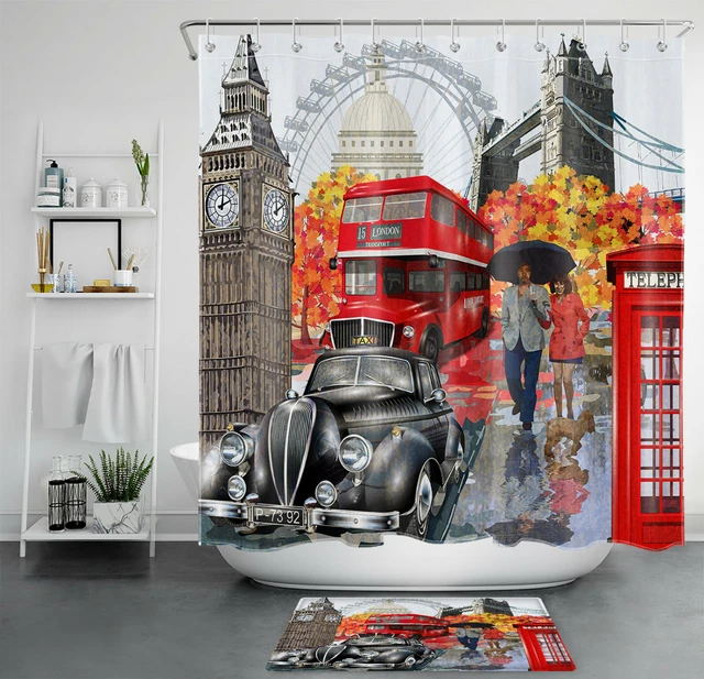 London Retro Buildings Shower Curtain Romantic Couple Vintage Car Bathroom Decor
