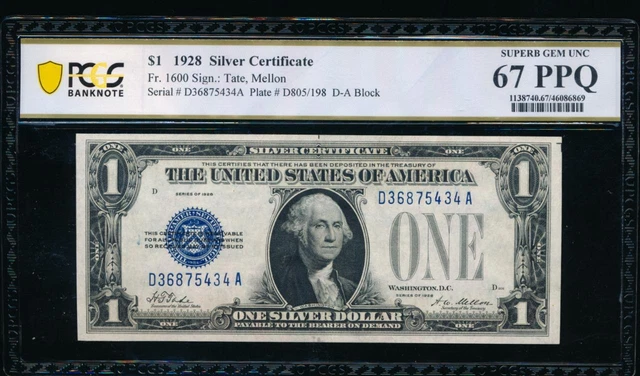 AC 1928 $1 Silver Certificate PCGS 67 PPQ D-A block  Fr 1600 SUPERB GEM!