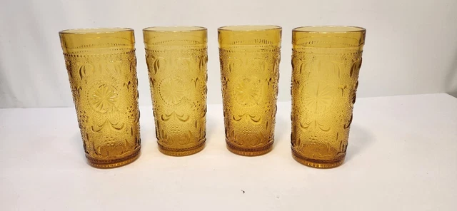 4 Vintage Amber Glass American CONCORD Brockway DAISY TIARA 5.5"H 8 oz Tumblers