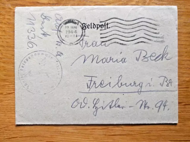 Feldpost Brief mit Text 1944 von FpNr 11336 Krankentransport-Abt. nach Freiburg