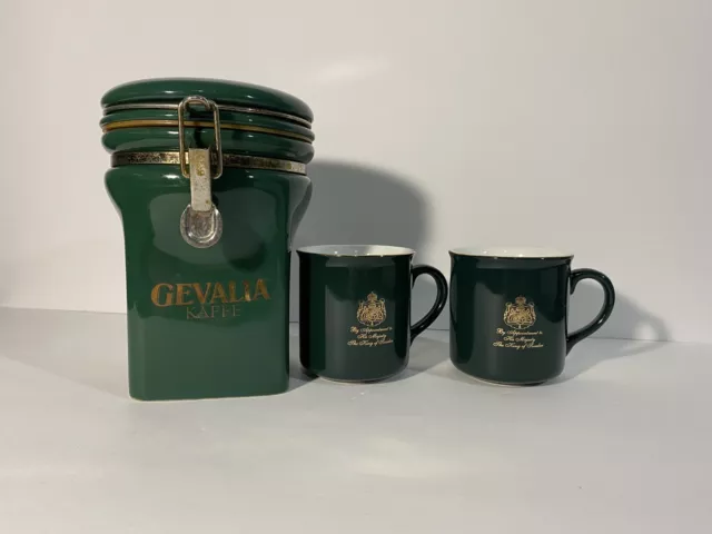 Gevalia Kaffe Coffee Canister/ Jar Cobalt Green and Gold Collectible + Cups