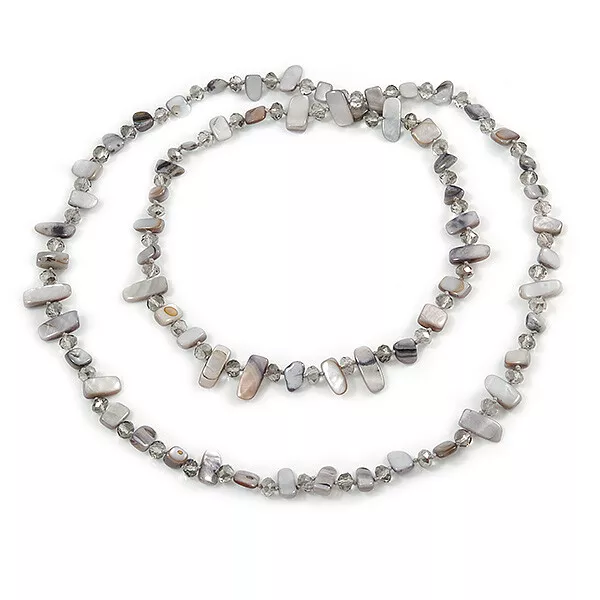 Light Grey Shell/ Glass Crystal Bead Long Necklace - 120cm L