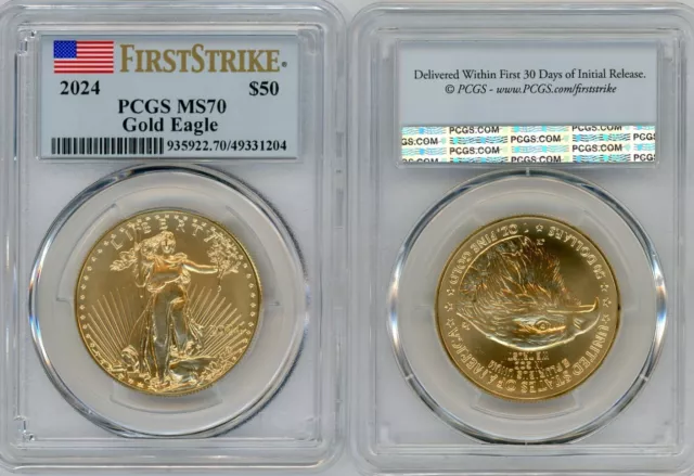 2024 $50 Gold Eagle MS70 PCGS flag First Strike
