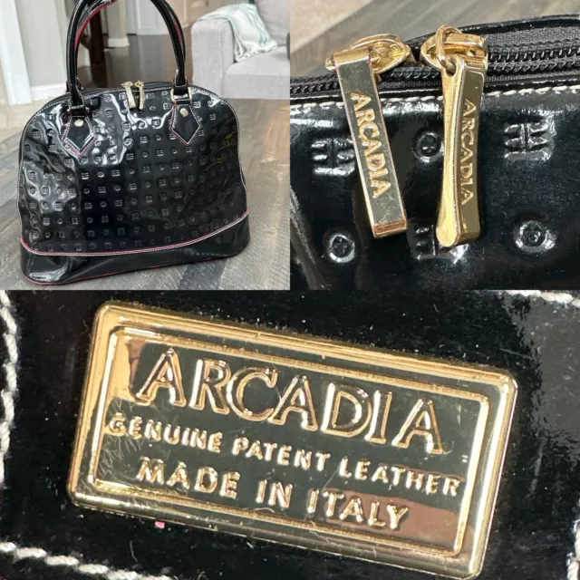 Arcadia Black Pantent Leather Embossed Classic Dome Satchel Made In Italy