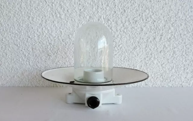 alt Deckenlampe Lampe Glaskolben Art Deco Bauhaus Reflektor Email Emaille ~1940
