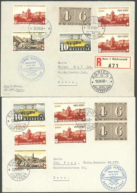 LUFTPOST 13.7.1943, 30 Jahre Alpenflug, , BERN-ZÜRICH und ZÜRICH-BERN, 2