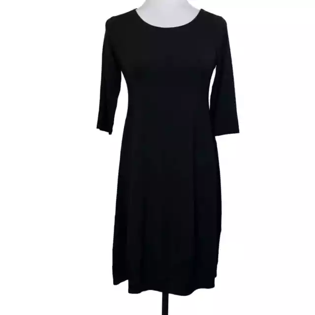 Eileen Fisher Dress Stretch Jersey Knit Black 3/4 Sleeve Shift Size PP Petite