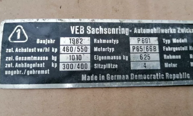 Original Typenschild Schild Trabant 601 LX Baujahr 1982 Guter Zustand DDR 0000