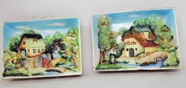 Ceramic 3D Relief Display Plates Japan VTG Numbered 923 Cottage Nature Water