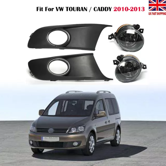 Left + Right Front Fog lights & Cover Grille Set For VW TOURAN CADDY 2010-2014