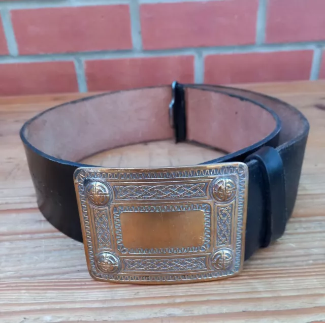 Vintage Kilt Brass Finished Buckle and  Black Leather Belt37" AS SEEN