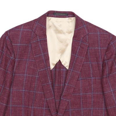 J Hilburn Vitale Barberis Wool Silk Linen Sport Coat Red w/Blue Checks 40R