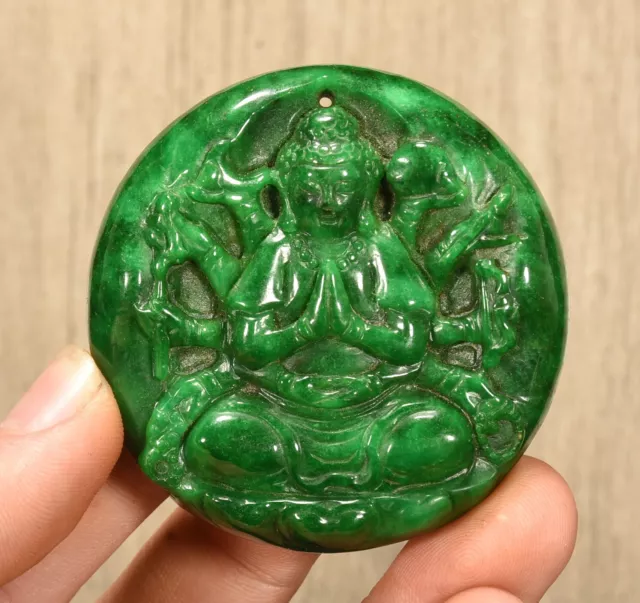 2.1'' Natural Jadeite Emerald Jade 1000 Arms of Kwan-yin Guanyin Amulet Pendant