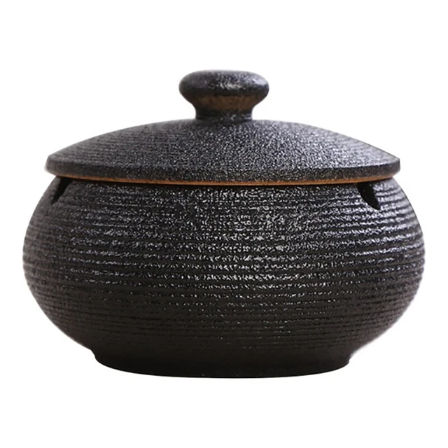 Ceramic Ashtray with Windproof Lid for Indoor Outdoor Use -Black B1M6