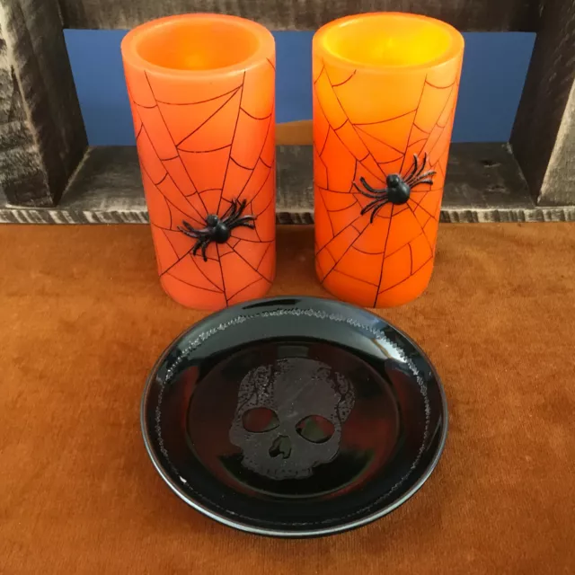 Pair of Battery Halloween Spider Candles with Skull Plate