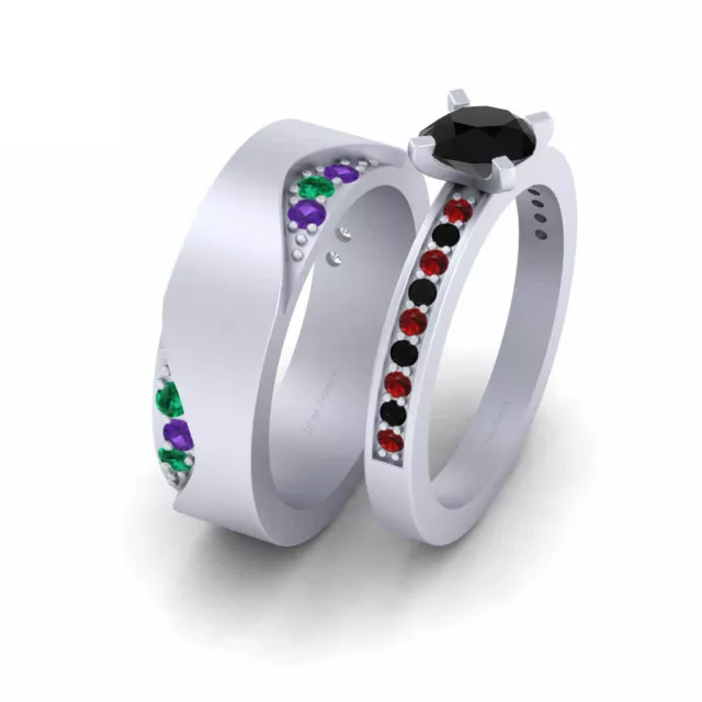 Pour Lui Elle Assorti Fiançailles Mariage Bague Ensemble Anneau Couple Multi