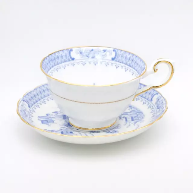 Tuscan English Cup and Saucer Blue White Asian Design Bone China Gold Trim VTG