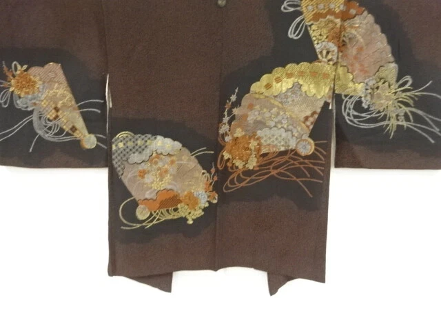 97833# Japanese Kimono / Antique Haori / Urushi / Woven Floral Plants & Fold