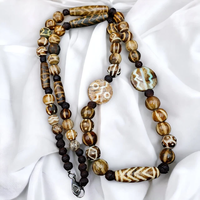 Vintage Asian Burmese Old Pumtek pyu petrified Wood Stone beads Necklace