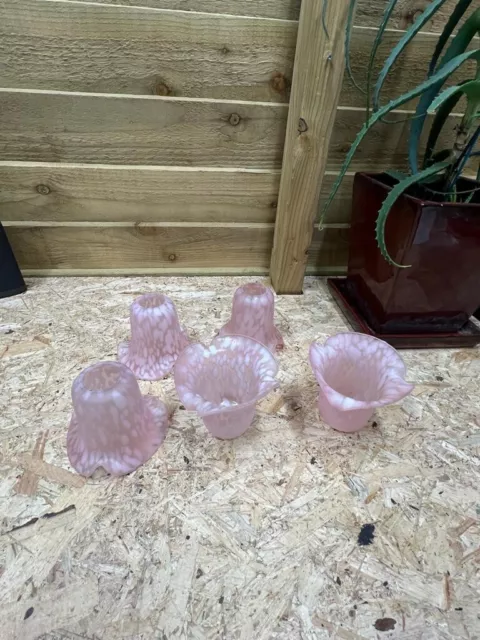 Vintage Glass Light Shades X5 Bell Shaped Mottled Pink & Frosted Art Deco Style.
