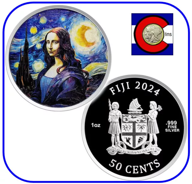 2024 Fiji da Vinci-Mona Lisa x Van Gogh-Starry Night Silver 1 oz Colorized Coin