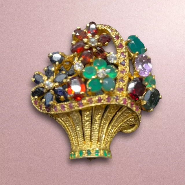 Vtg Beautiful Floral Flower Basket Multicolored Rhinestone Gold Tone Brooch Pin