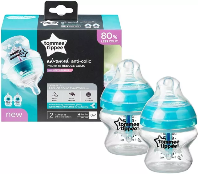 TWIN Tommee Tippee Baby Milk Bottle 150ml Advanced Anti-Colic Heat Sensing 0m+