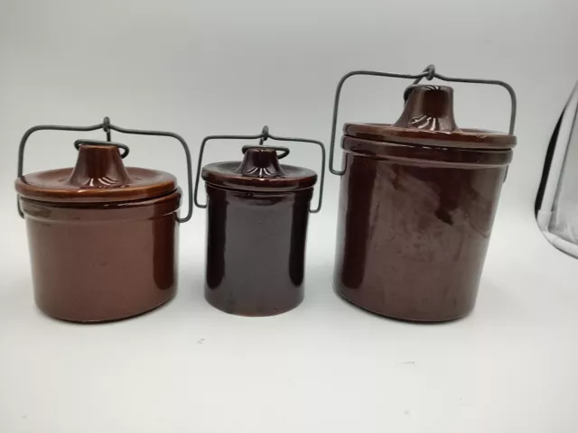 3 Vintage Brown Glazed Pottery Stoneware Cheese Butter Crocks Wire Bale Lid