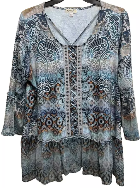 One World Womens 3X Blouse Blue Paisley Pullover Lace 3/4 Sleeve NEW