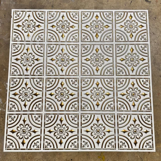 LOT/24 (96 S/F) - PVC Faux Tin Glue Up Ceiling Tiles 24x24 D205 Ant. White Gold 2