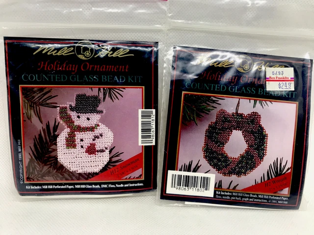 Lote de Cuentas de Vidrio Contadas Mill Hill Holiday Ornamentos Kit Hombre de Nieve y Corona Nuevo en Paquete