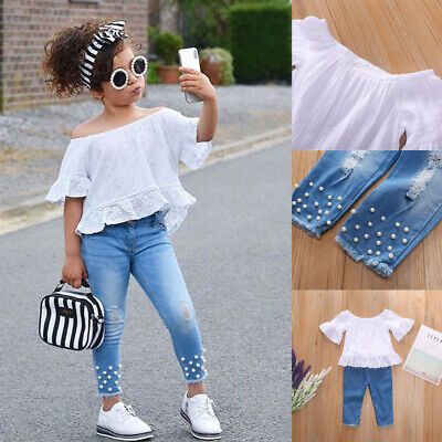 Toddler Kids Baby Girls Ruffle Lace Tops Denim Pants Outfits Summer Clothes Set