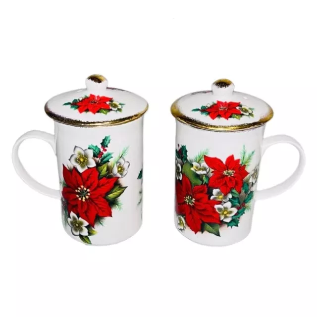 Vtg 2 Coffee/Tea/Cocoa Cups wLids Christmas Holly St George's Bone China England