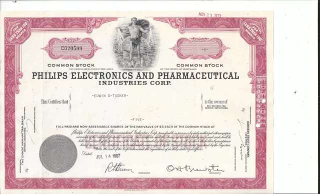 Philips Electronics And Pharmaceutical Industries Corp....1967 Stock Certificate