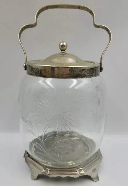 Vintage Handcut Crystal Glass EPNS Biscuit Barrel Jar With Handle, Stand & Lid