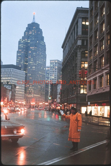 1960S Detroit Street Scene At Dusk Orig Vtg Amateur 35Mm Photo Slide Cars