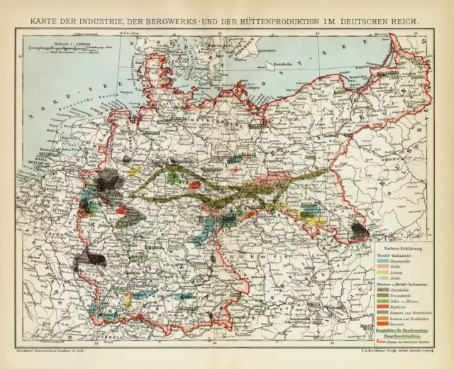 Industrie Bergbau Deutsches Reich historische Landkarte Lithographie ca. 1892