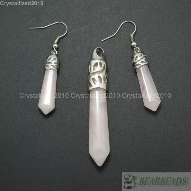Natural Gemstone Hexagonal Pointed Reiki Chakra Beads Pendant and Earrings Set