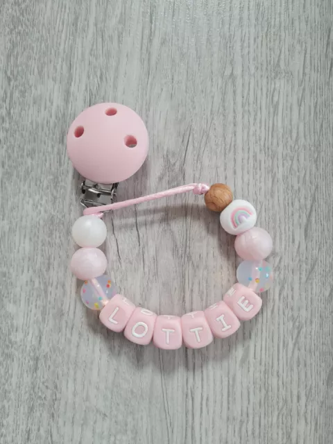 Personalised Rainbow Silicone Baby Girl Dummy Clip Pacifier Chain Pink Letters