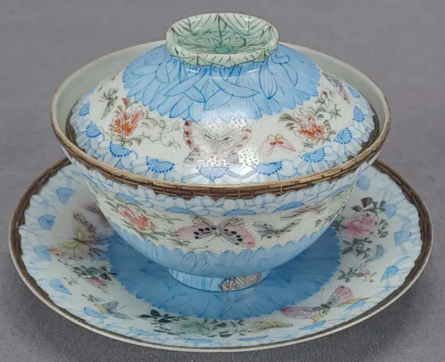 Hironobu Shiotani Butterflies Blue Chrysanthemum Green Lotus Rice Bowl & Saucer