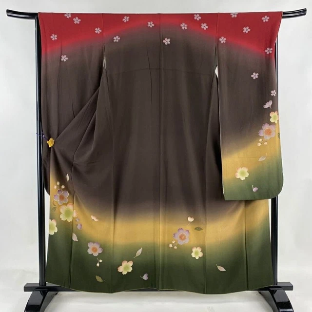 Japanese Kimono Furisode Pure Silk Cherry Blossoms Gradation Purplish Brown