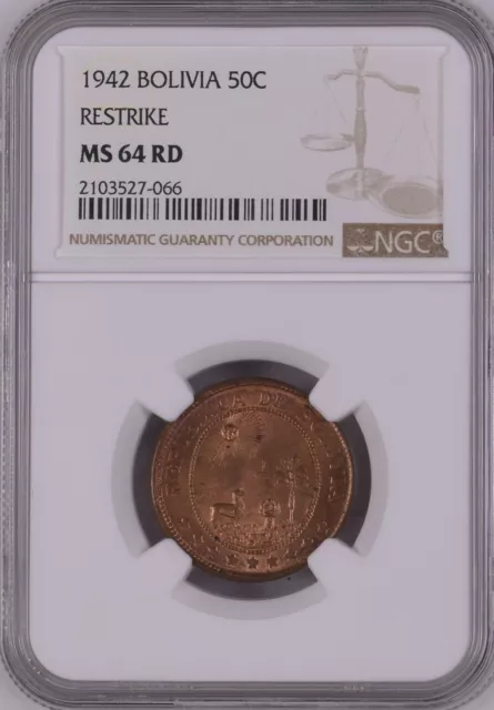 1942 Bolivia 50 Centavo Restrike NGC MS 64 RD