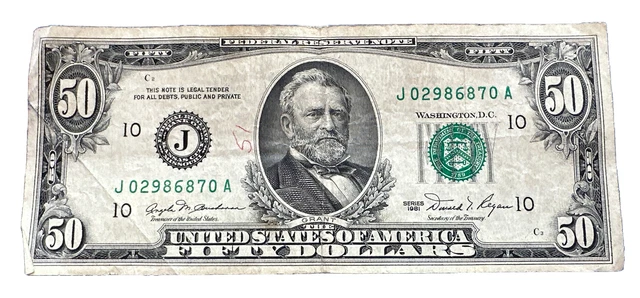 Federal Reserve Note 1981 $50 Fifty Dollar Bill In Great Condition!!!!!