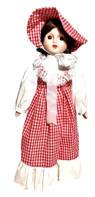 Porcelain Cloth Musical Doll VTG Brunette 17” Red Checker Dress Plays Love Story