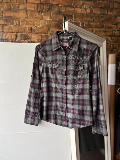 Harley Davidson Camisa de manga larga con botones a cuadros para mujer