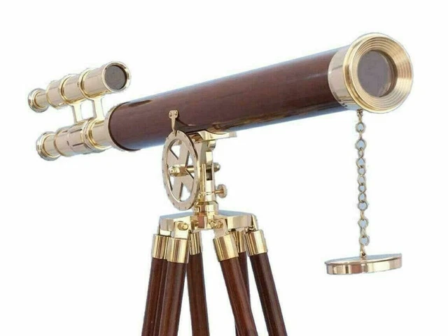 Antique Nautical Floor Standing Telescope Brass 39"  With Wooden Tripod Stand