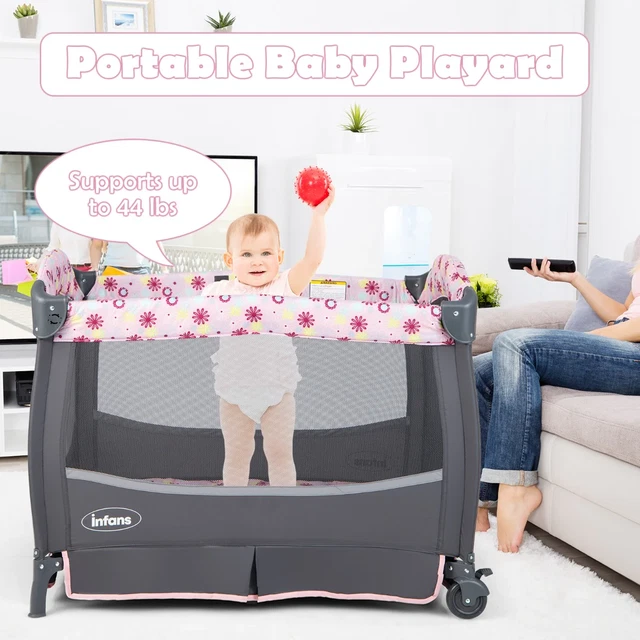 NNECW 3 in 1 Portable Baby Cot with Hanging Toys & Music Center