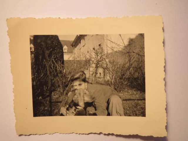 Boy hugs a dog in the garden / photo