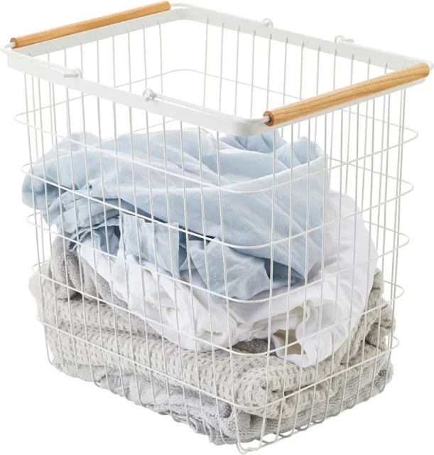 Wire Home Wooden Handles Steel Wood Large Laundry Basket, White