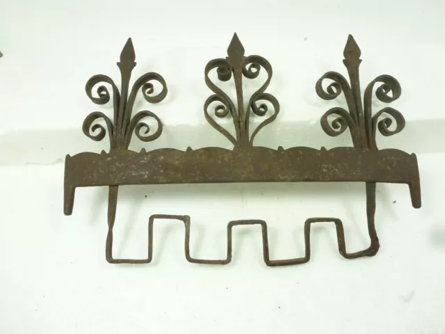 Antique 19th Century Blacksmith Made Wrought Iron Utensil Rack Fleur de Lis